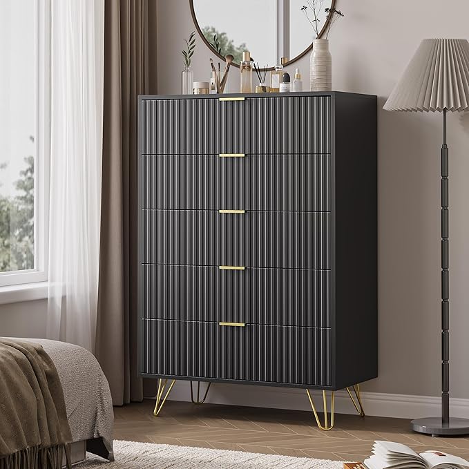 MAISONARIA 5 Drawers Dresser for Bedroom, 47" Tall Modern Chest of Drawers with Gold Handle, Fluted Wood Dresser for Bedroom, Living Room, Hallway, Entryway, Black