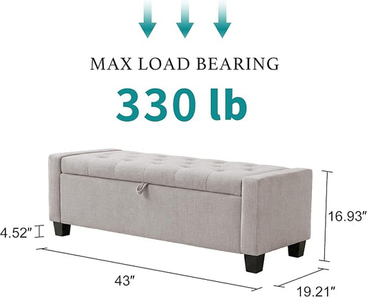 Huatean Home 43" Ottoman with Storage, Storage Ottoman Bench with Safety Hinge, Upholstered Entryway Bench with Seating for Bedroom, Living Room, Holds up to 330 lb(Light Gray)