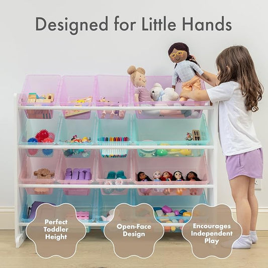 Humble Crew Toy Storage Organizer with 16 Removable Storage Bins for Kids Playroom, 4-Tier Toddler Toy Organization and Storage, White/Purple/Pink/Blue