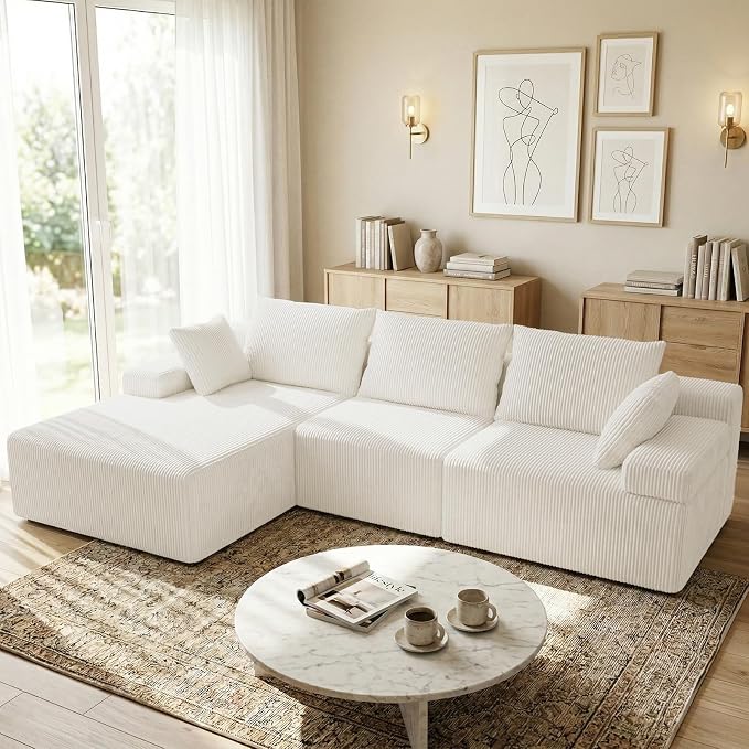 kinmars 108" Boneless Sectional Couch,Corduroy Cloud Couch Sectional for Living Room,Modern L Shaped Modular Sectional Couch,3 Seater Sofa (Beige, 108.9" L Shaped with Left Facing Chaise)