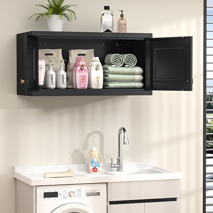32" Metal Wall Cabinet 2 Doors,Black Hanging Cabinets with Handle,Metal Wardrobe Cabinets,Armoire Wardrobe Closet,Clothes Storage Cabinet for Bedroom,Laundry Room