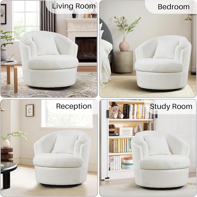 Swivel Accent Chair, 360 Degree Round Swivel Barrel Chair with Pillow, Widened Upholstered Boucle Chair Comfy Sherpa Barrel Armchair for Living Room Bedroom Reading Room, White