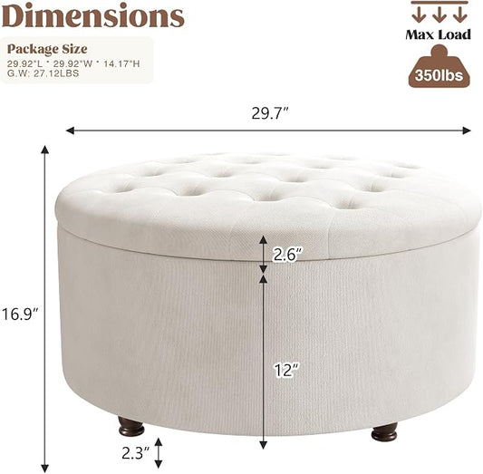 30 Inch Round Storage Ottoman,Modern Tufted Ottomans,Circular Coffee Table with Removable Top,Upholstered Large Ottoman with Storage Footrest Stool for Bedroom Living Room (White)