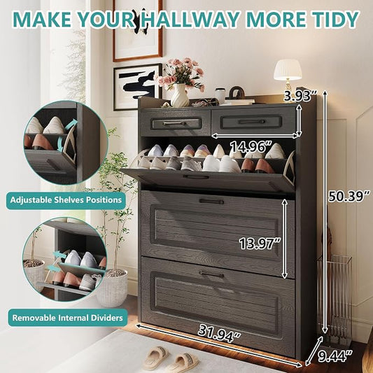 Shoe Cabinet Storage for Entryway with 3 Large Flip Drawers & 2 Storage Drawers, Narrow Shoe Organizer Cabinet Fits for Kinds of Shoes, Slim Shoe Storage Cabinet for Entryway, Hallway, Dark Grey
