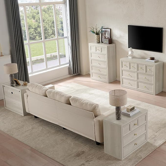 3-Piece Bedroom Set, 5 Drawer Tall Dresser and 3 Drawer King Size Nightstands Set of 2 with Charging Station, 3 Piece Farmhouse Wood Bedroom Dresser and Nightstand Sets, Grey White