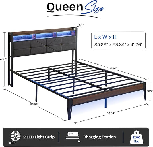 Queen Size Bed Frame with Headboard, Upholstered Platform Bed Frame with Charging Station, Dual LED Light Strips, 2-Tier Storage Shelves, Heavy Duty Metal frame, Noise-Free, No Box Spring Needed