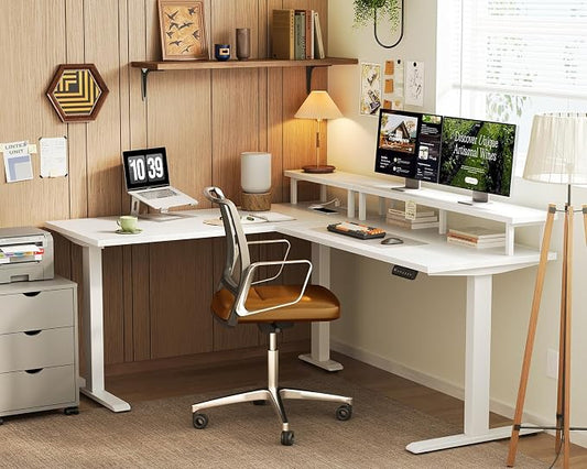 AODK Electric L-Shaped Standing Desk, 59 Inch Height Adjustable Office Desk with Monitor Stand, Sit-Stand Desk with Power Outlets, Large Lift Table for Home, Office, Workstation, White