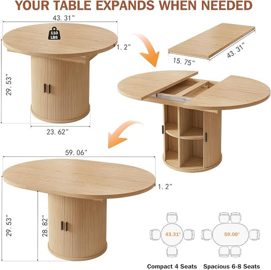 Vipbear Extendable Dining Table 43-59" for 4-6 People, Solid Wood Top with Fluted Slide Door & 8-Compartment Storage, Space Saving Round Dining Room Kitchen Dinner Tables Furniture with Pedestal Base