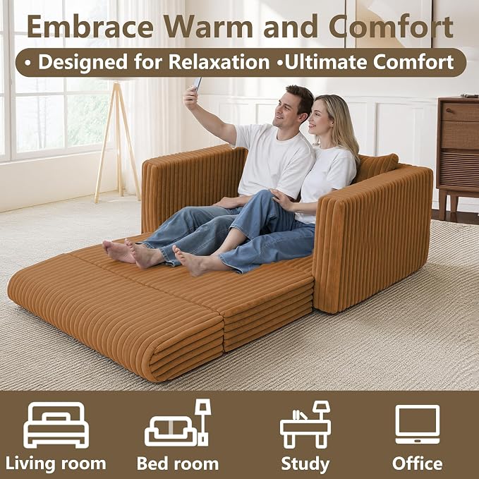 HABUTWAY 41.3" Loveseat Boneless Couch, 4-in-1 Convertible Sofa Bed, Plush Fur Folding Futon Sofa Bed Couches with a Pillow for Living Room, High-Density Foam Support, No Assembly Required, Orange