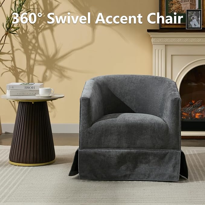 Swivel Accent Chairs Set of 2 for Living Room, 360° Upholstered Barrel Swivel Chairs with Skirted Base, Modern Linen Armchairs for Bedroom, Reading Nook, Small Space, Grey