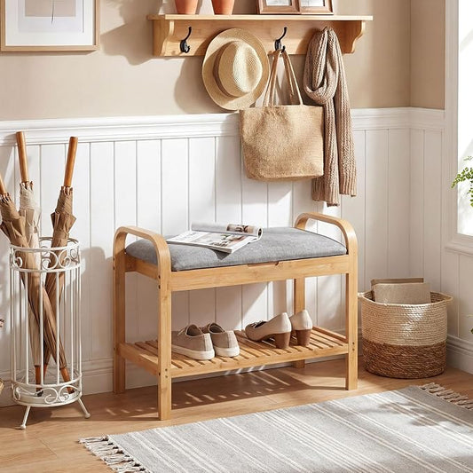 Giantex Small Entryway Bench with Storage, 2-Tier Bamboo Shoe Rack Bench with Flip Top Storage Space and Padded Cushion, Shoe Organizer for Entryway, Living Room, Hallway, Bedroom,Natural