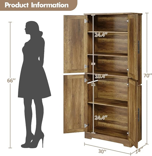 Garvee Modern Tall Pantry Cabinet – Freestanding Kitchen Storage Cupboard with 4 Doors & 3 Adjustable Shelves – Versatile for Living Room, Dining Room, Bathroom, Laundry, Utility – Barnwood Finish
