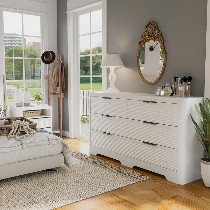FUSUNBAO Fluted 6 Drawer Dresser, Modern Wood Dresser for Bedroom,TV Stand,Thickened Curved Profile Design,Bedroom,Entryway,Wood Drawer Organizer (White Oak)