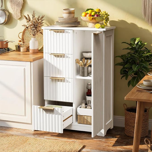 VINGLI Fluted Sideboard Buffet Cabinet, Modern White Wood Storage Console with Doors and Drawers, Multi-Function Storage Cabinet for Living Room, Dining Room, Kitchen, White