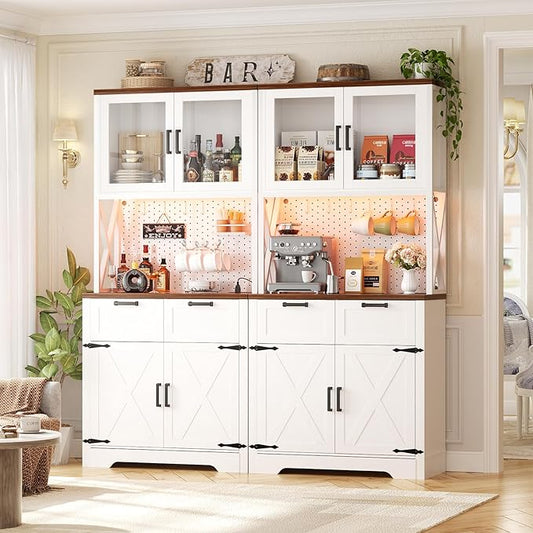 Unikito 71" Tall Kitchen Pantry Storage Cabinet with LED Light & Outlet, 63" Wide Kitchen Hutch Cabinet with Large Countertop, DIY Pegboard and Drawers, Farmhouse Food Pantry for Living Room,