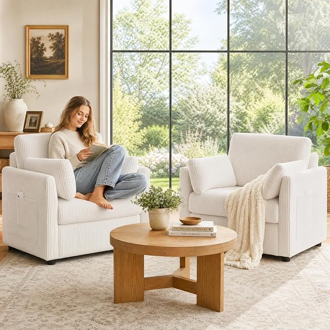 38" Modern Accent Chair, Corduroy Chair with Soft Pillows and Side Pockets, Comfy Single Reading Chairs for Living Room, Bedroom Beige