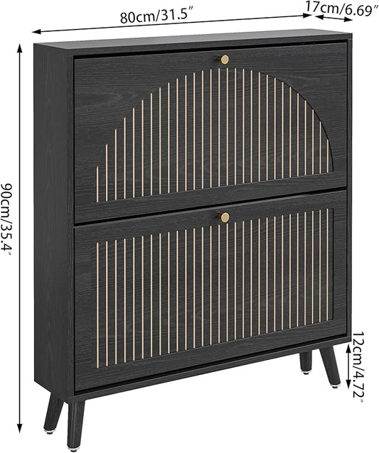 Fsbecl Shoe Storage Cabinet for Entryway with 2 Flip Drawers, Narrow Wood Shoe Cabinet with Fluted Panel, Freestanding Hidden Shoe Organizer for Foyer, Hallway (Black - No Shelf)