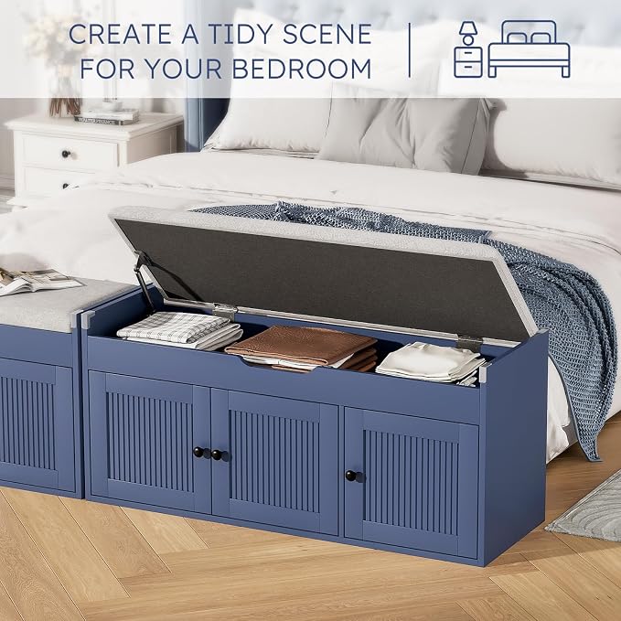 40" Storage Bench - Entryway Shoe Bench with 3 Doors and Top Storage Area, Multifunctional Entryway Bench with Lift Top Cushion, Shoe Storage Bench for Bedroom, Living Room, Navy Blue