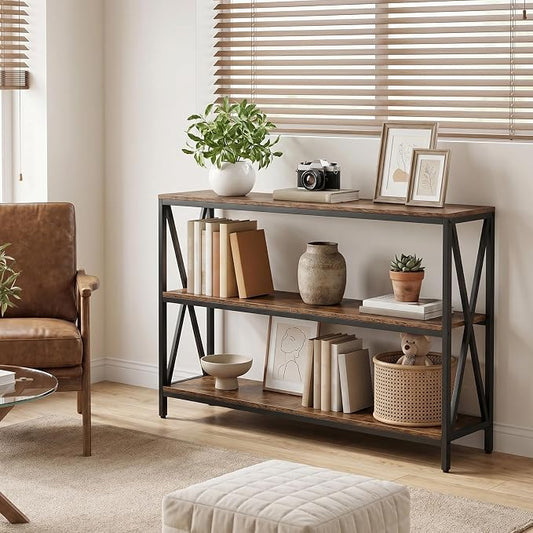 MAHANCRIS 47.2" Sofa Table, Industrial Console Table, 3-Tier Narrow Sofa Table with Storage Shelves, Foyer Table for Entryway, Hallway, Kitchen, Living Room and Bedroom, Rustic Brown CTHR800201