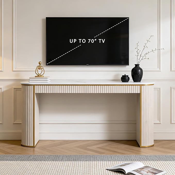 OKD Modern Fluted Console Table, 63" Long Narrow Entryway & Sofa Tables for Hallway, Tall Accent Table Behind Couch for Foyer Living Room, White Alder