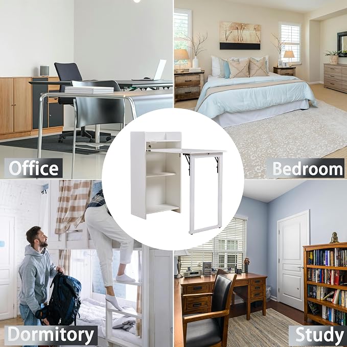 Fold Out Desk,Hidden Desk with Built-in Outlet, Foldable Desk with Storage for Small Spaces,Home Office and Bedroom (White)