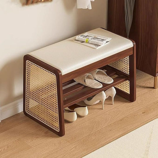Bamboo Entryway Bench, Shoe Organizer, 2 Tier Solid Wooden Entryway Bench with Shoe Storage, for Hallway, Closet, Front Door Entrance, Foyer, Living Room Bedroom(Size:60cm,Color:Primary)