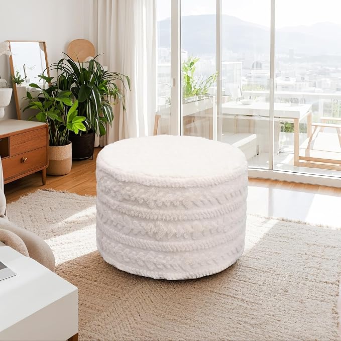 Asuprui Round Footstool Ottoman, 20x14 Inches Multi-Functional Modern Foot Stool,Floor Poufs, Sofa Footrest Extra Seating for Living Room, Entryway, Hallways and Bedrooms (Ivory)