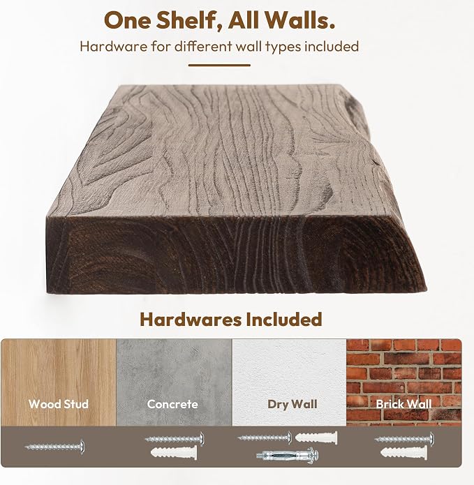 Vivelove Live Edge Floating Shelves 55 Inch Elm Wood, Rustic Farmhouse Wall Shelf with Invisible Bracket for Living Room Bedroom Bathroom Office Book, 55x8x1.4- Set of 1 - Dark Walnut