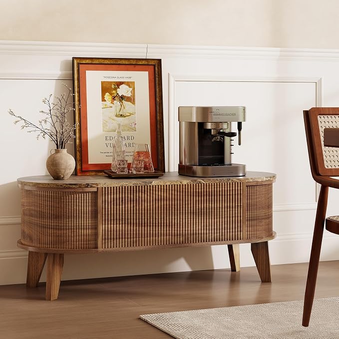 LYNCOHOME 43.3" Fluted Lift Top Coffee Table with Storage, Faux Marble Top Center Table, Modern Oval Coffee Table for Living Room or Home Office(Elegant Walnut)
