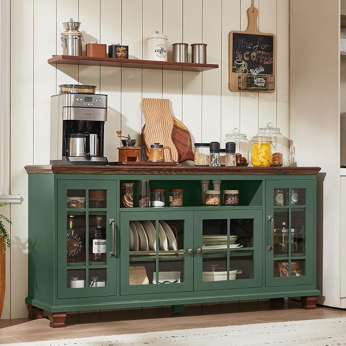 SAVOR LIFE Large Sideboard Buffet Cabinet with Storage,Vintage Green 60" Wide Coffee Bar Cabinet with Glass Doors & Wood Legs,Kitchen Credenza Accent Cabinets for Dining Room, Living Room