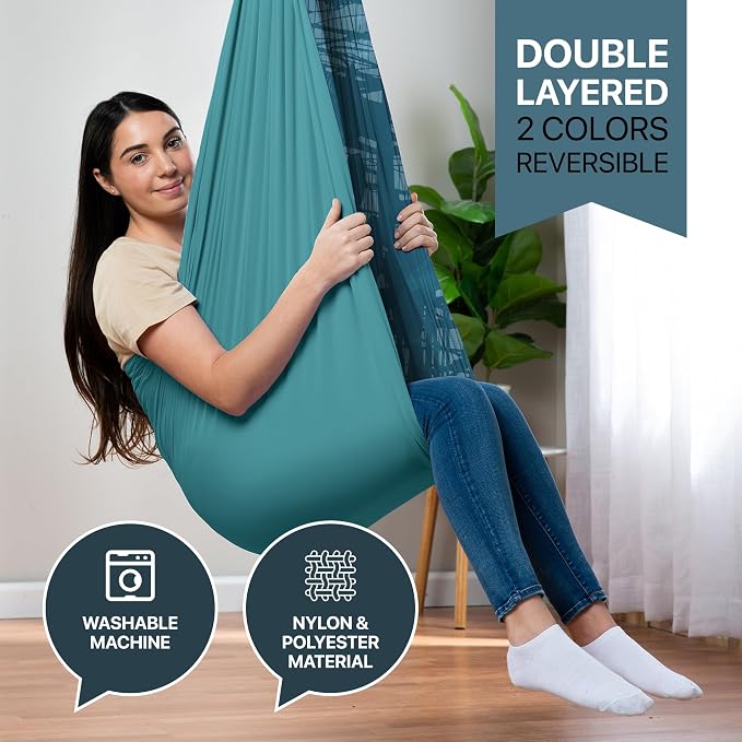Indoor Sensory Swing for Kids or Outdoor – Holds 300lbs, Double-Layer, & 360° Swivel, Calming Compression Therapy Swing Hammock for Kids & Adults with All Hardware – Sensory-Motor Toys & Gifts