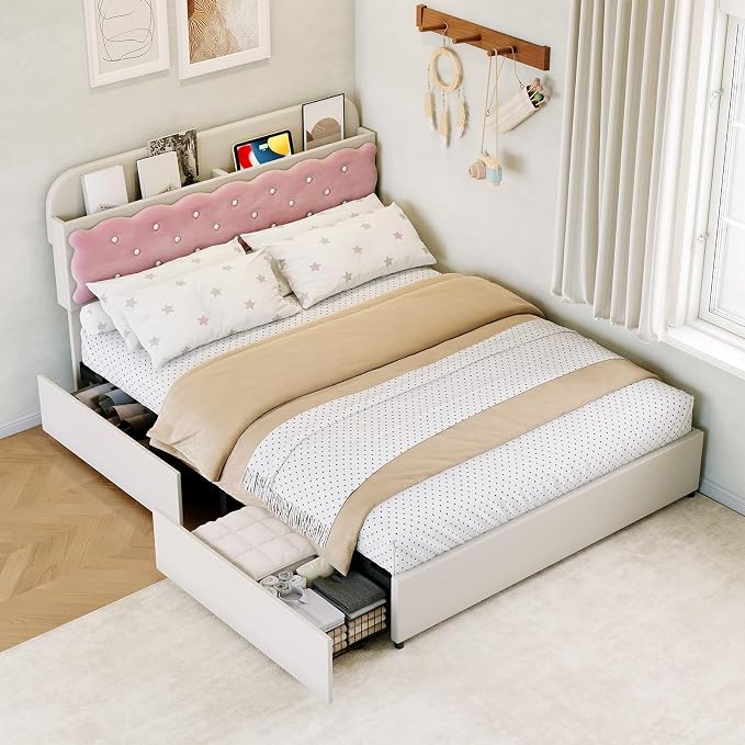 Garvee Queen Size Bed Frame for Girls, Beige & Pink Princess Style with Storage Headboard & 2 Drawers, Upholstered Platform Bed, No Box Spring Needed, Easy Assembly