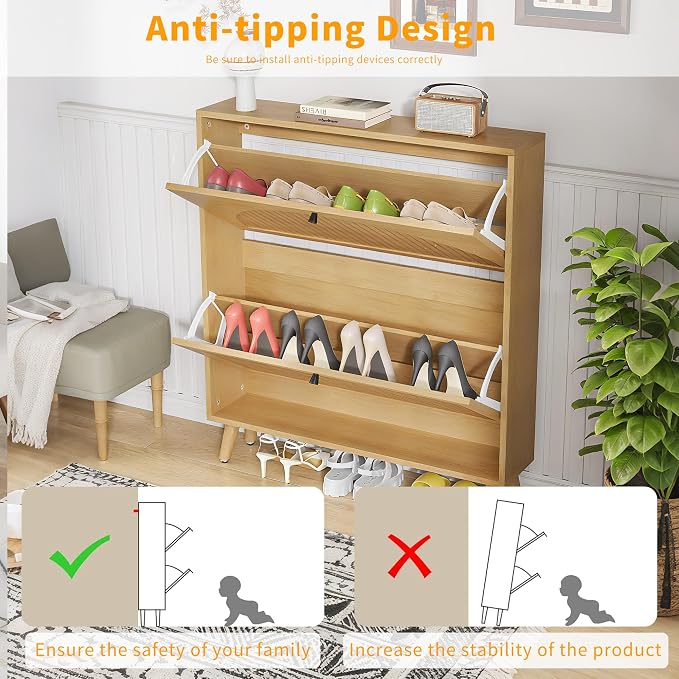 Fsbecl Shoe Storage Cabinet for Entryway with 2 Flip Drawers, Narrow Wood Shoe Cabinet with Fluted Panel, Freestanding Hidden Shoe Organizer for Foyer, Hallway (Wood Color - No Shelf)