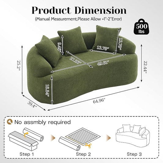 65" Curved Loveseat for Small Spaces,Boneless Loveseat Sofa,Wood Grain Chenille Fabric, No Installation Requirement, Curved Sofa Couch for Apartment,Living Room,Office (Green, 65")