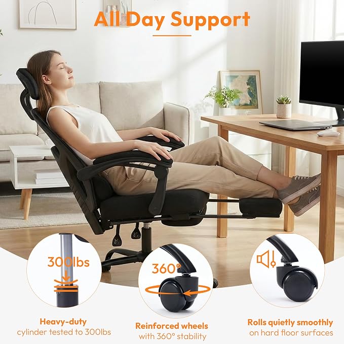 Desk Chair with Foot Rest, High-Back Mesh Office Chair with Wheels, Reclining Gaming Chair with Headrest and Adjustable Lumbar Support, 90°-130° Reclining, for Home Office and Gaming, Black