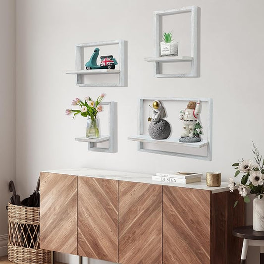 PHOENANCEE Square Floating Shelves,Framed Wall Shelf Decorative Set of 4,Modern Plants Hanging Display Art Decor Storage for Livingroom Bedroom Bathroom Farmhouse,Home Light Wood,Rustic White