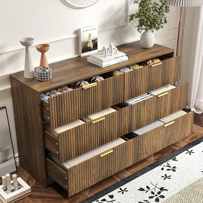 6 Drawer Dresser and Nightstand Sets for Bedroom, 3 Pcs Bedroom Set, Night Stand Set of 2 & 6 Drawer Dresser with Gold Handles, Modern Wood Chest of Drawers Storage Cabinet Set, Natural
