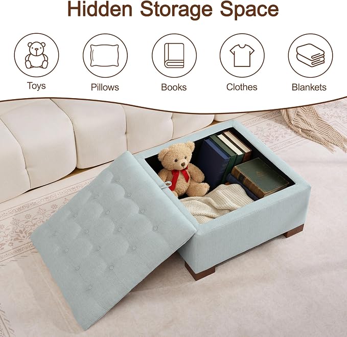 WUTUTUEE 30" Fabric Square Storage Ottoman with Wooden Tray, Modern Tufted Button Footstool Coffee Table, Upholstered Large Ottoman for Living Room, Bedroom, Blue