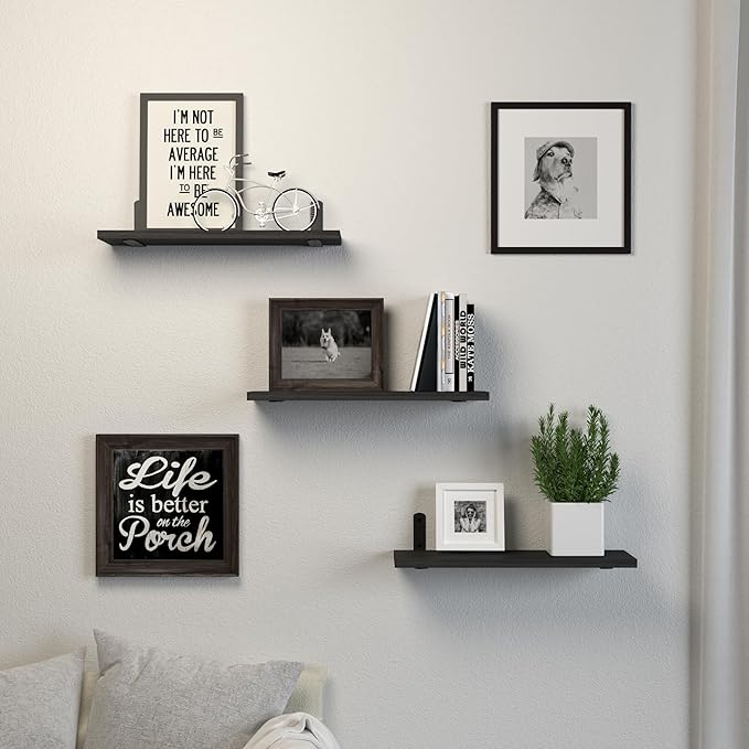 DOLLFIO Floating Shelves, 3 Sets Wall Wooden Shelves for Décor, Mounted Bathroom Shelf Storage, Book Wall, Bedroom, Living Room – Black, HM02