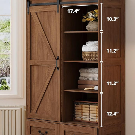 IRONCK Armoire Wardrobe Closet with 4 Drawers,71" Wardrobe Cabinet with Sliding Barn Doors, Tall Clothing Storage Cabinet with Hanging Rod and Shelves for Bedroom,Walnut