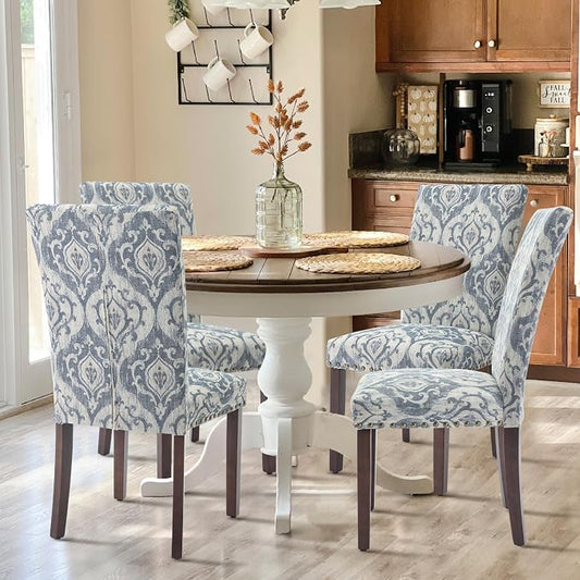 COLAMY Upholstered Parsons Dining Chairs Set of 2, Fabric Dining Room Kitchen Side Chair with Nailhead Trim and Wood Legs - Blue/White Flower
