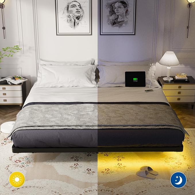 OLEVS King Size Floating Bed Frame, Metal Platform, with LED Light and Charging Station, No Box Spring Needed, Noise-Free, Easy Assembly