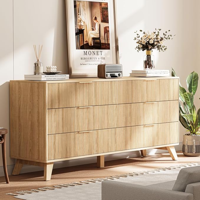 Fluted Dresser with 6 Drawers, 53.43 Inch Wood Double Dresser with Metal Handles Curved Design Wide Storage Organizer Cabinet Modern Chest Dressers for Bedroom Living Room Hallway(Oak)