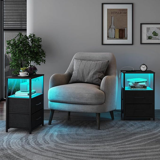 TUTOTAK LED End Table with Charging Station, Nightstand with Cloth Drawer, Side Table with 1 USB Port and 1 Type-C Port, Set of 2, Couch Table, Black TB01BK052L