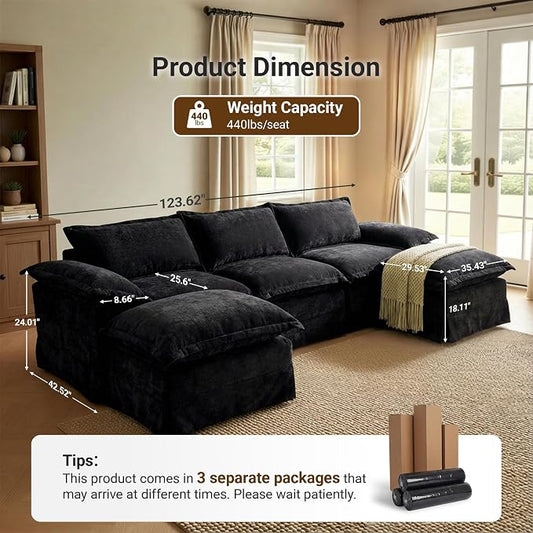Claiks 123" Modular Boneless Couch, U Shaped Couch for Living Room, Modern Deep Seat Sofa 3 Seater Chenille Fabric Comfy Cloud Couches with Movable Ottoman, Black