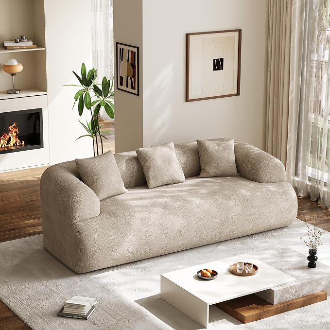 91" Boneless Couch,Cloud Couch,Chenille Curved Sofa with 3 Seater and 3 Pillows, Modern Compression Sofa for Living Room, Bedroom and Apartment, No Assembly Required, Light Brown