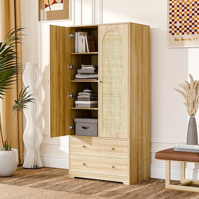 VINGLI Wardrobe Closet with Doors, Rattan Armoire Wardrobe Closet with Drawers & Hanging Rod, Wooden Armoire for Hanging Clothes, Natural Oak, 68.9" H