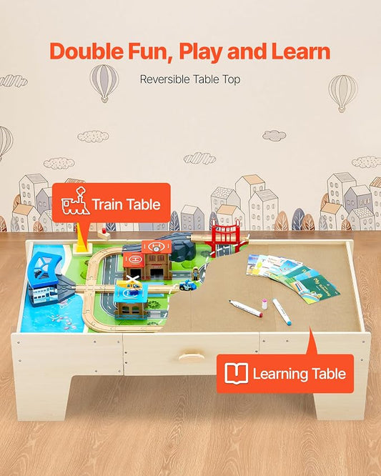 VEVOR Train Table, 62 Multicolor Pieces Wooden Kids Activity Table with Large Storage Drawer, 3-in-1 Wooden Train Set for Playing, Drawing, Reading, Eating, Creative Toy Set for Kids Ages 3+
