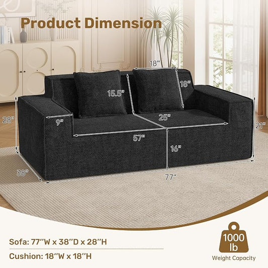 Luxanimarion 77'' Modern Small Loveseat, No Assembly Required Cloud Sofa Cloud Sofa Boneless Couches with 2 pcs Pillows for Living Room, Apartment(Polar Fleece-Black)