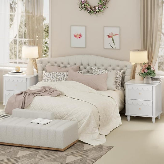 White Nightstand Set of 2 with 2 Drawers, Modern Night Stand Set 2 with Petal Pattern for Bedroom, Side End Table Scalloped Bedside Night Tables with Solid Wood Legs